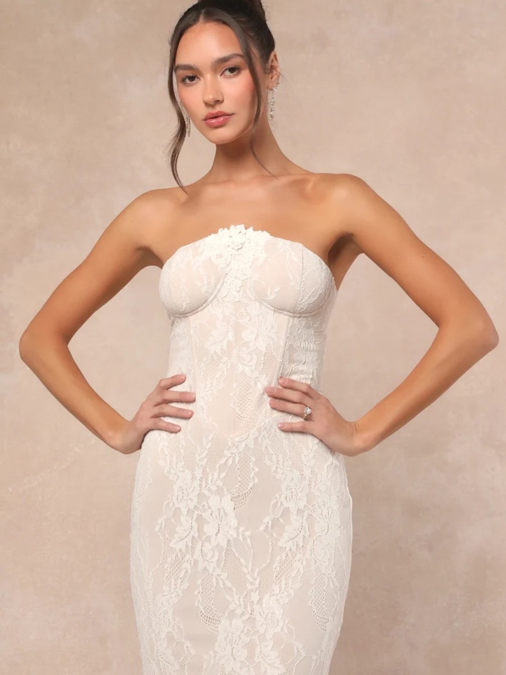 Lulus Valeria White Lace Strapless Bustier Maxi Dress